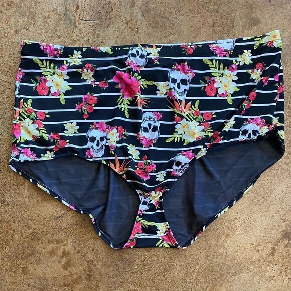 Torrid black white stripes, floral, and skulls high waist swim bottoms - Picture 2 of 4